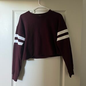 Forever 21 Burgundy Cropped Sweatshirt with White Sleeve Stripes